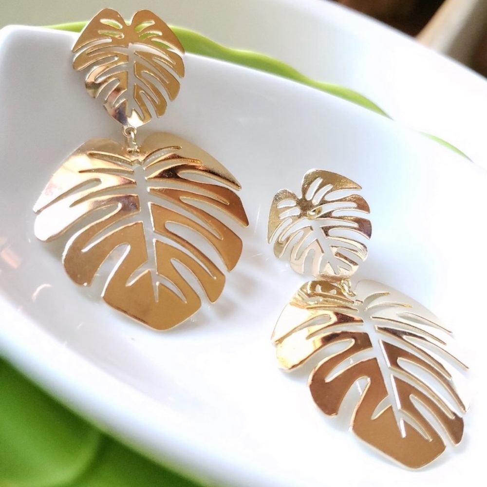 Thin Gold Palm Tropical Leaf Summer Drop Earring